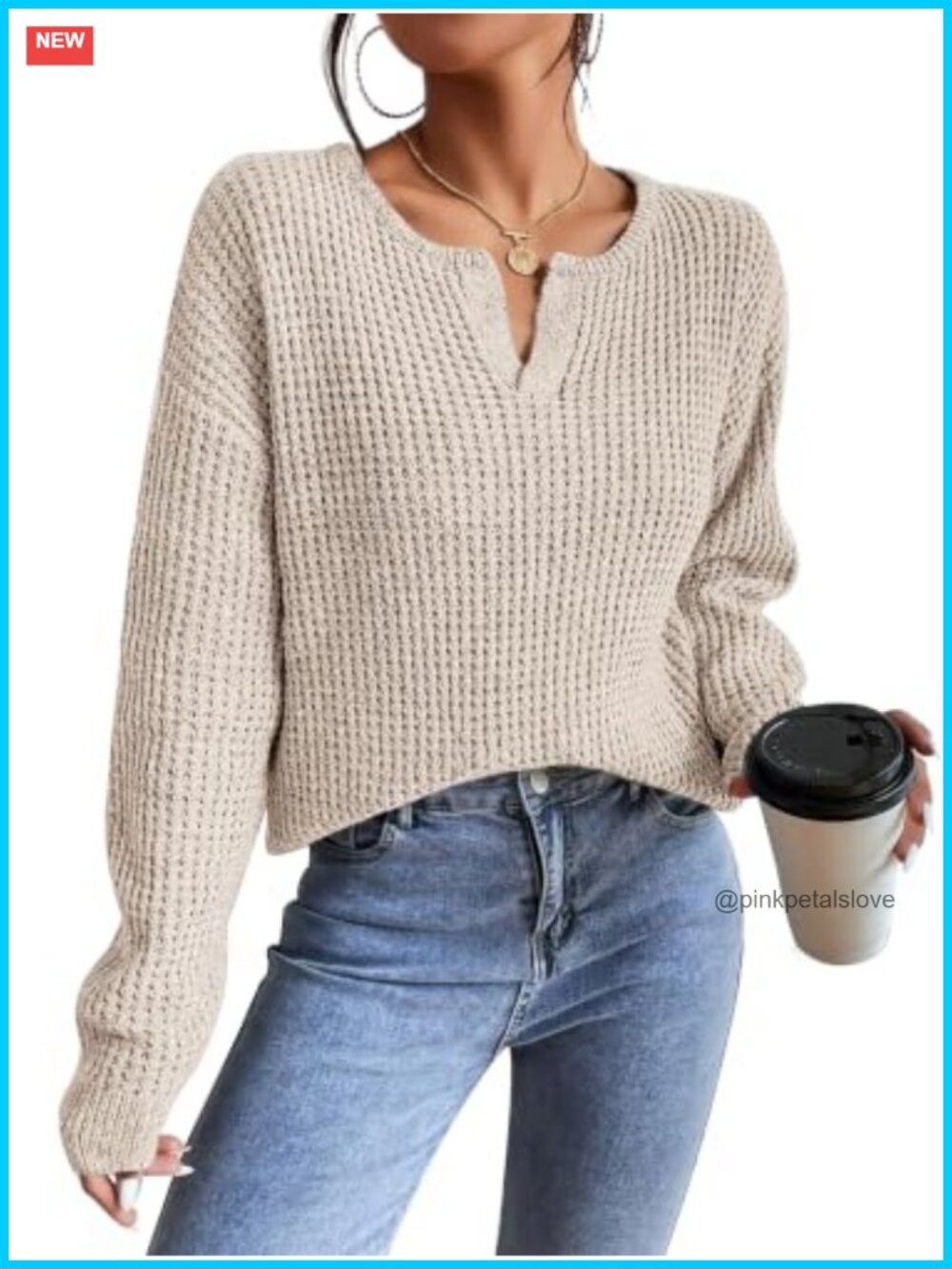 Womens V-Neck Pullover Sweater Long Sleeve Knit Top Casual